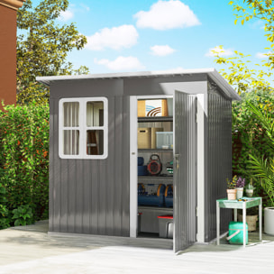 Caseta de Jardín Exterior, 2,55 m² 221x133x190 cm, Cobertizo de Jardín Exterior Metálico con Ventana, Puerta con Cerradura y Ventilaciones, para Almacenamiento de Herramientas, Gris Oscuro