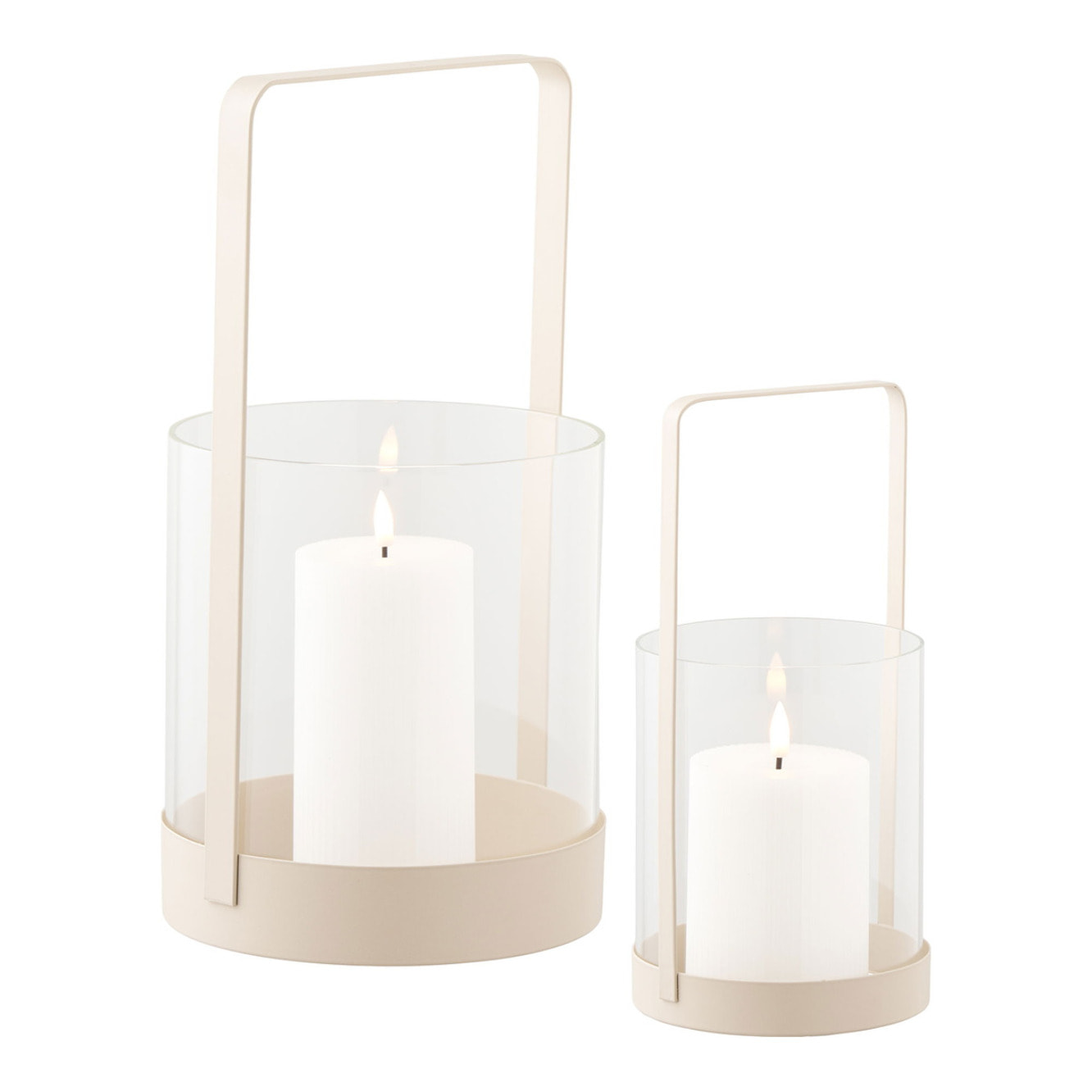 Set 2 portacandele hurricane in vetro e metallo beige - misure ø12/18 cm