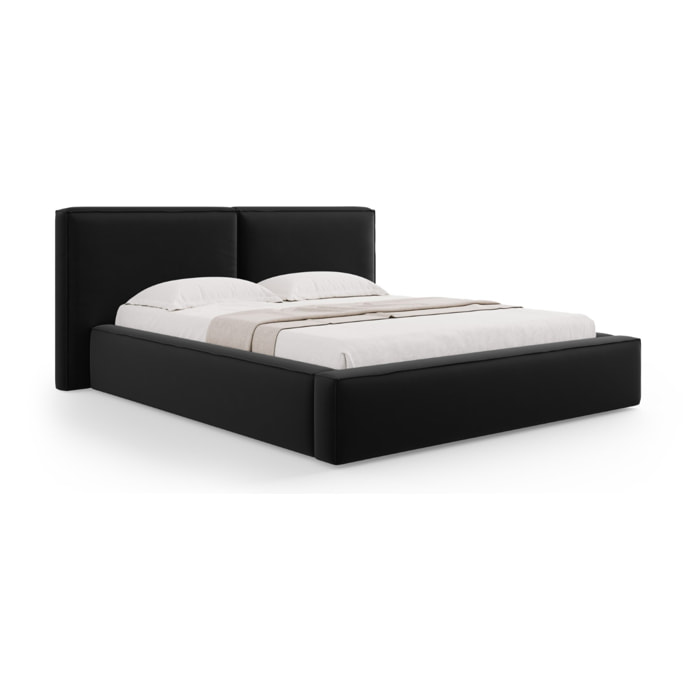 Lit coffre avec tête de lit double "Arendal" 140x200cm en velours noir