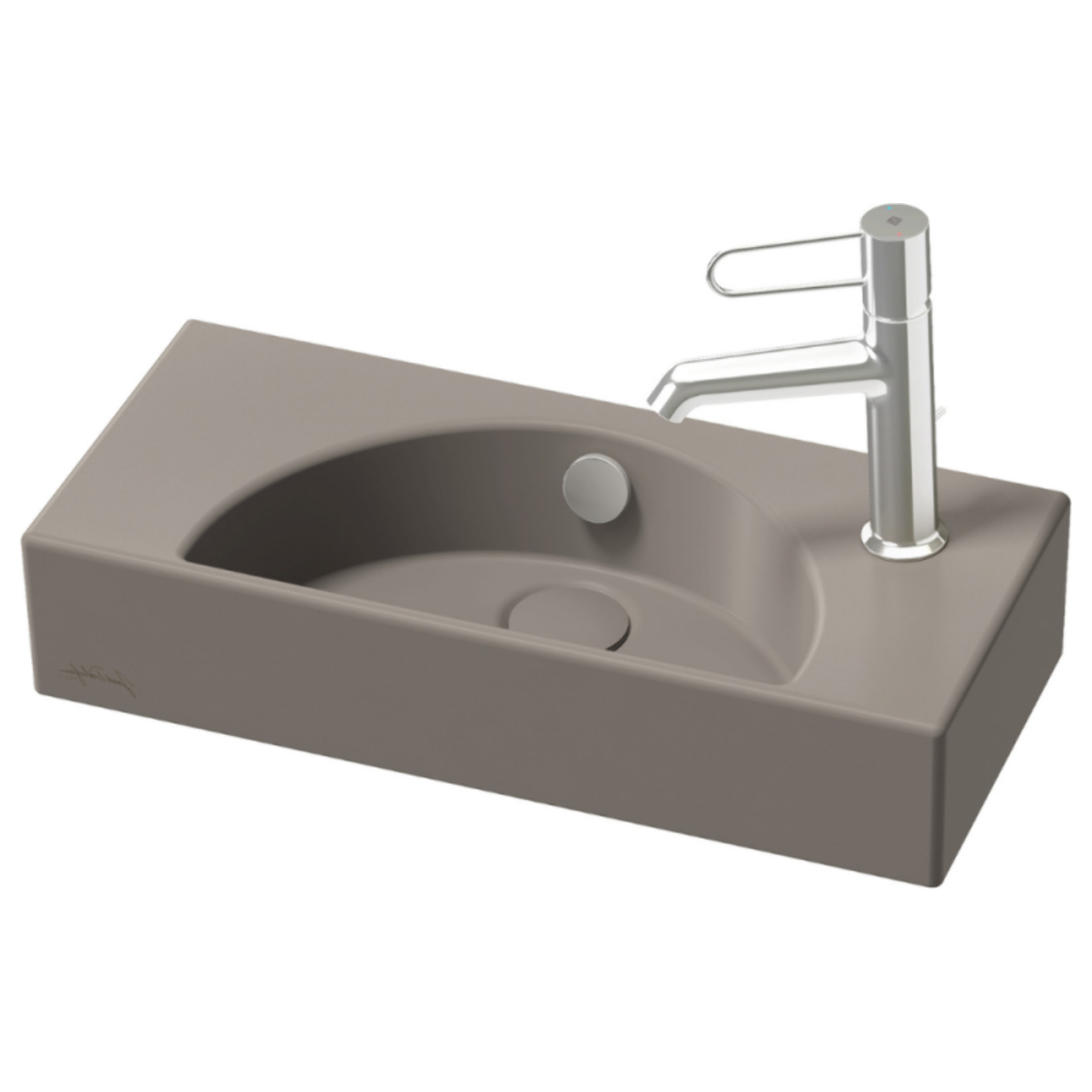 Lave-mains compact 50 cm Odéon Rive Gauche 1 trou de robinetterie à droite Brun sepia satiné avec bonde