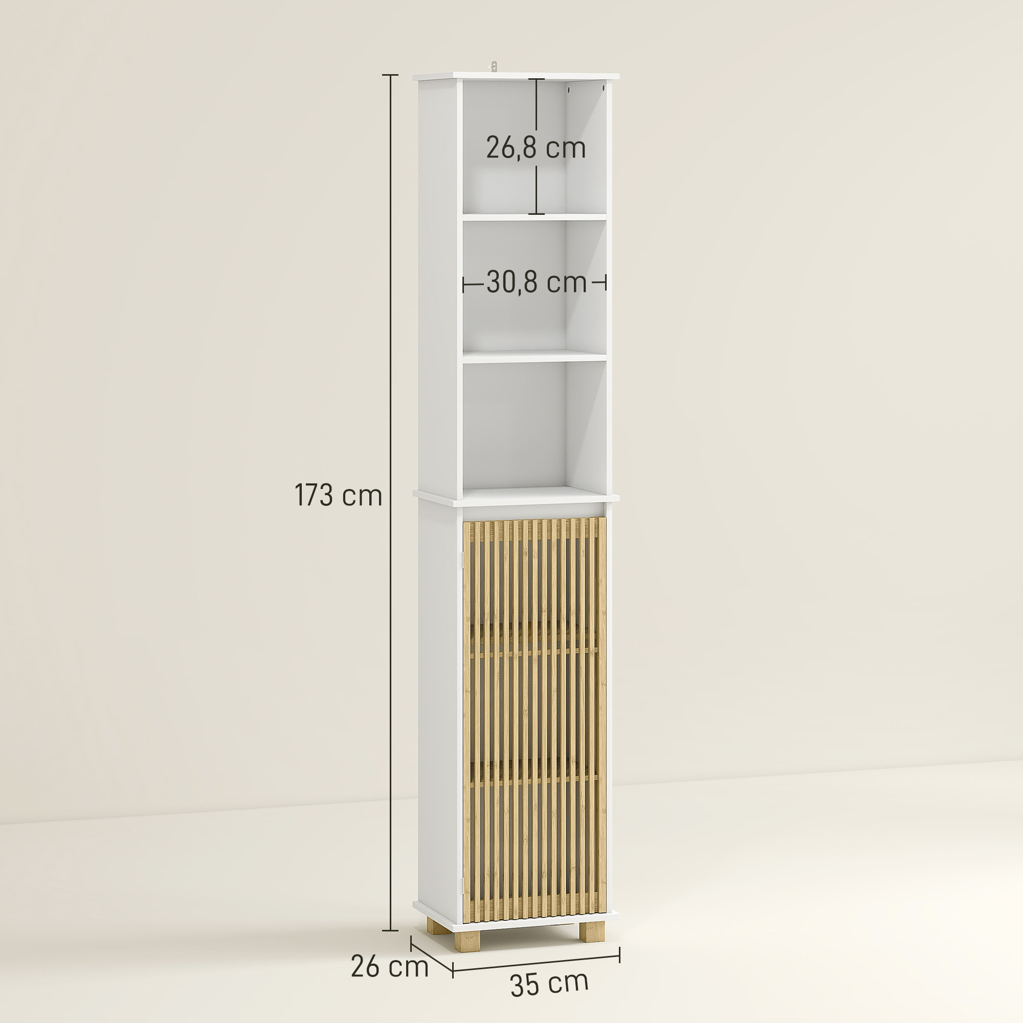 Colonne salle de bain H.173 cm - porte à lattes verticales, étagère, 3 niches - piètement bambou blanc