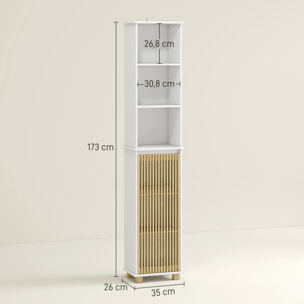Colonne salle de bain H.173 cm - porte à lattes verticales, étagère, 3 niches - piètement bambou blanc