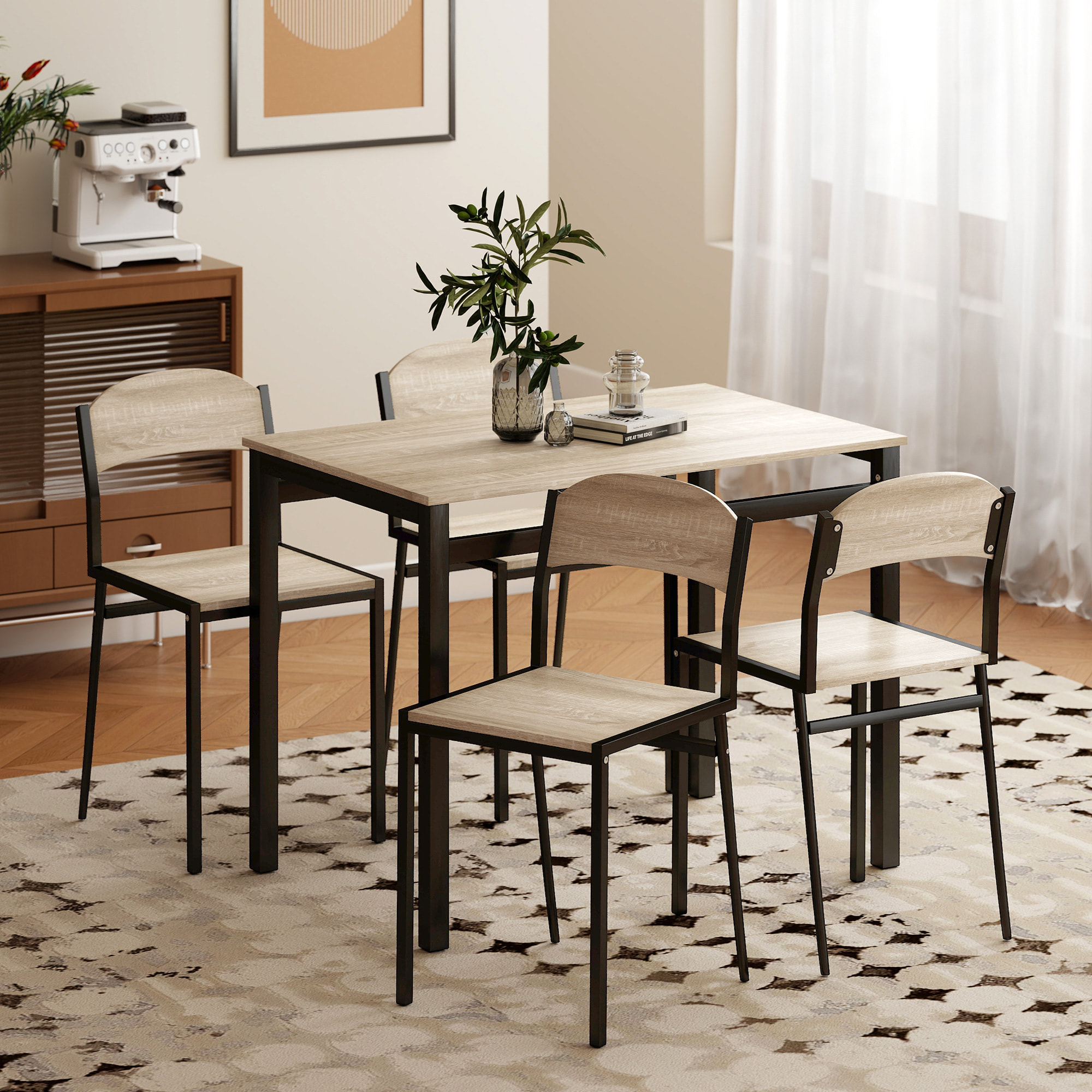 Juego de Mesa y Sillas de Comedor, Mesa de Cocina Rectangular con 4 Sillas, Estilo Moderno, Marco Metálico, para Espacios Pequeños, Salón, Roble y Negro