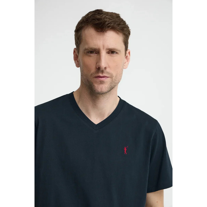 Camiseta azul marino de cuello pico con logo Rigby Go