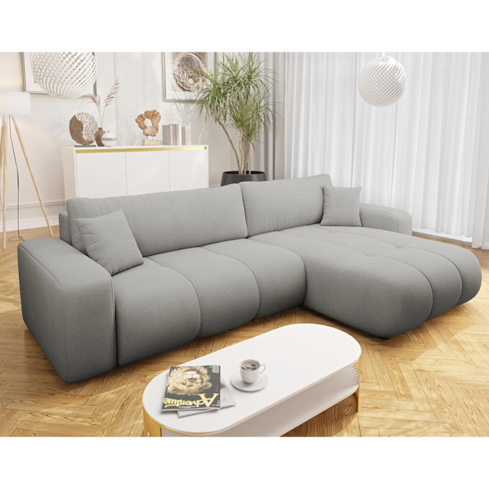 Nicole - Canapé d'angle réversible 5 places convertible avec coffre en tissu - Gris clair