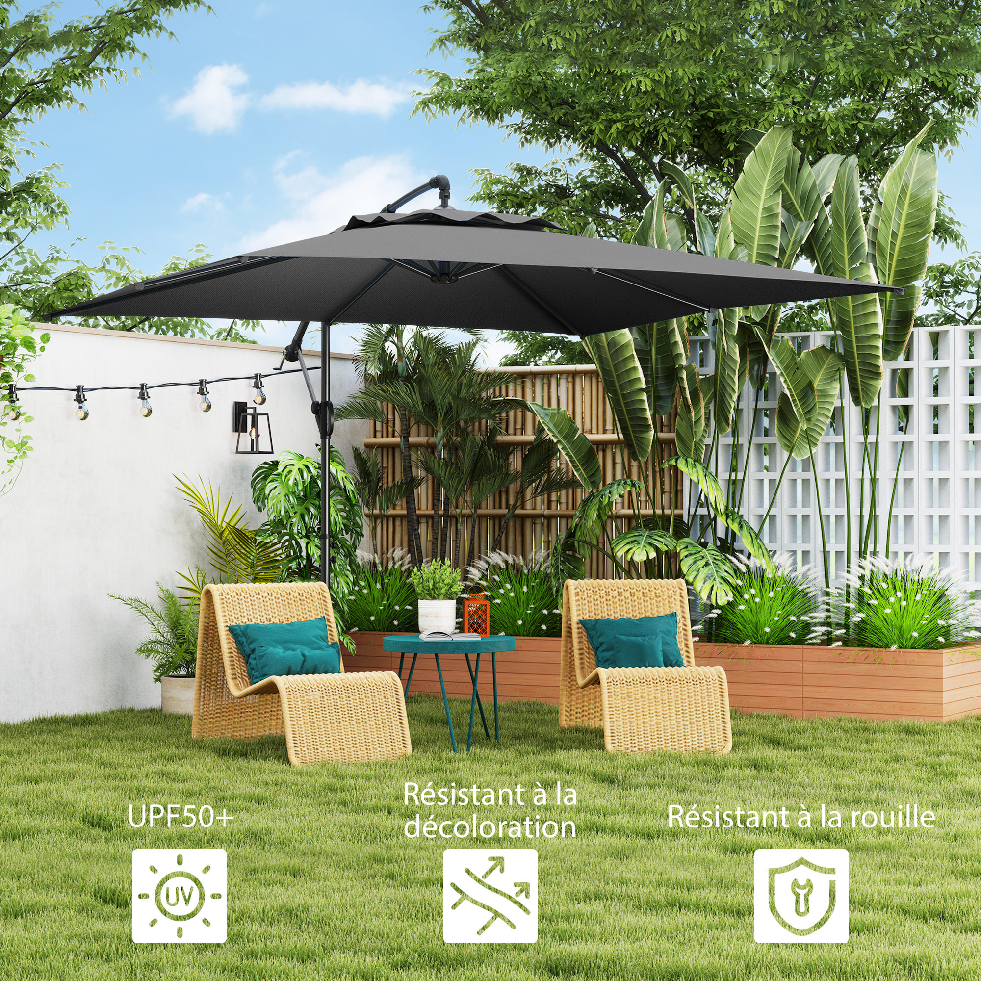 Parasol déporté carré 3 x 3 m réglable piètement croix manivelle tissu haute densité 180g/m² UPF50+ gris