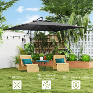 Parasol déporté carré 3 x 3 m réglable piètement croix manivelle tissu haute densité 180g/m² UPF50+ gris