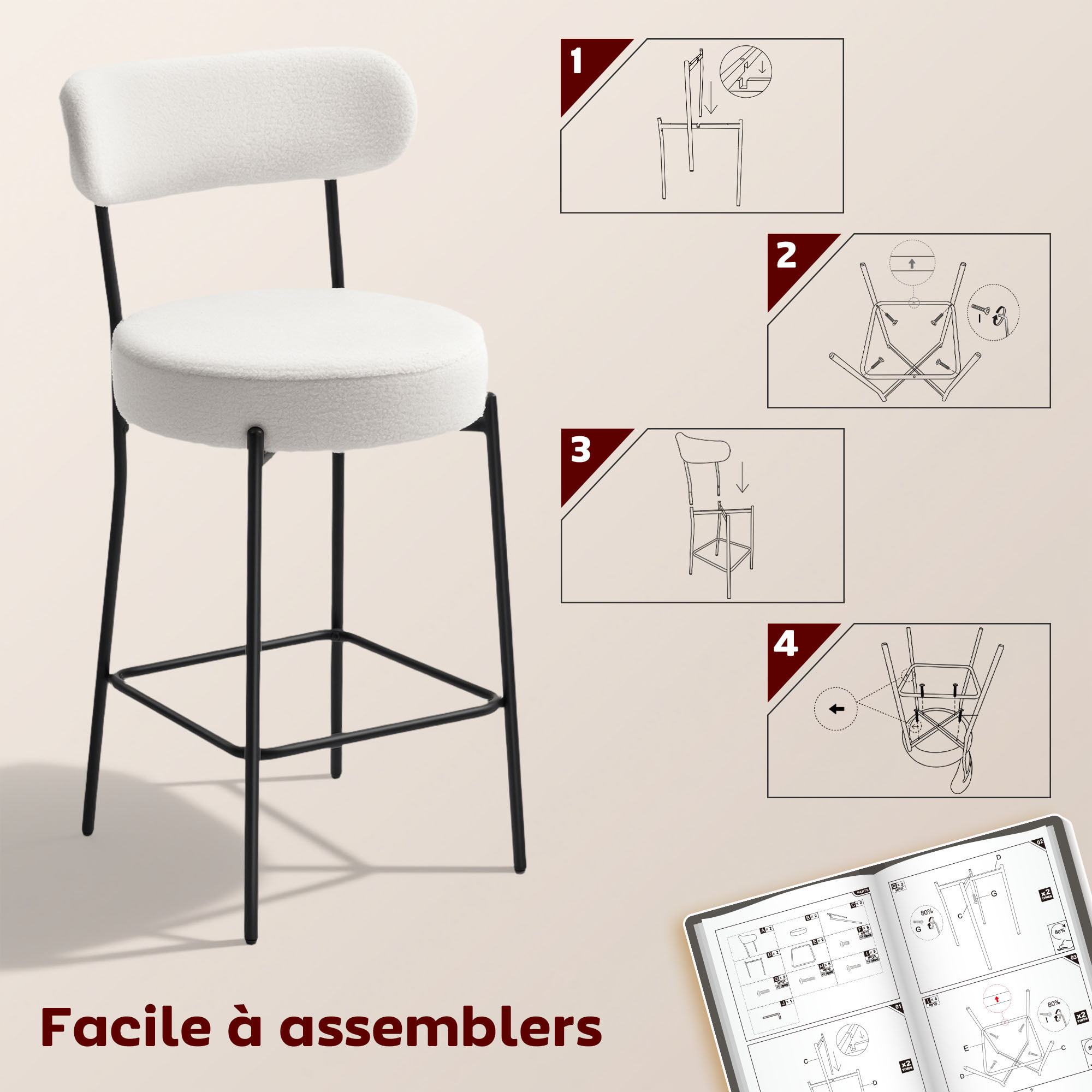 Lot de 2 tabourets de bar en tissu bouclé assise H.68 cm - lot de 2 chaises de bar - acier noir blanc cassé