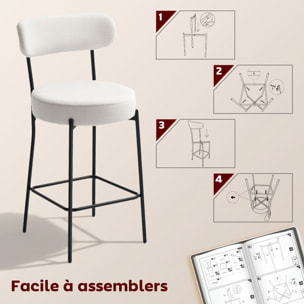 Lot de 2 tabourets de bar en tissu bouclé assise H.68 cm - lot de 2 chaises de bar - acier noir blanc cassé