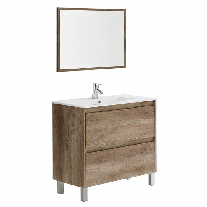 Mobile Bagno A Terra Con Lavabo In Ceramica E Specchio Coordinato Mobiletto Con Lavandino E 2 Cassettoni Ammortizzati  80 x 45 x 80 Cm Colore Quercia