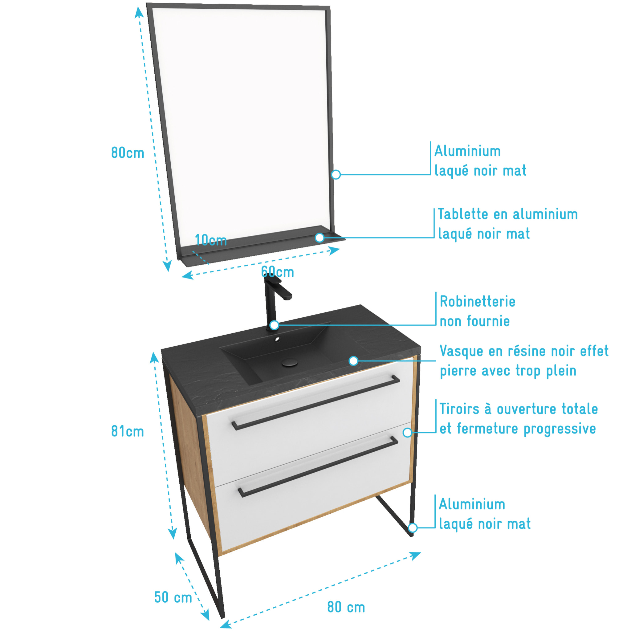 Meuble de salle de bain 80x50cm - vasque noir effet pierre 80x50cm - 2 tiroirs + miroir