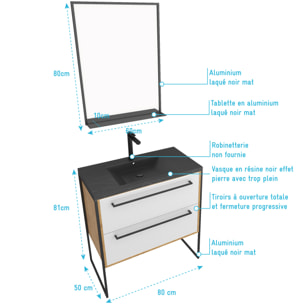Meuble de salle de bain 80x50cm - vasque noir effet pierre 80x50cm - 2 tiroirs + miroir