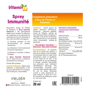 VITAMIN'22 - Spray Immunité - Complément alimentaire à base de Propolis, Ginseng, Échinacée, Vitamines C & D - Soutien de l'immunité - Cure 30 jours