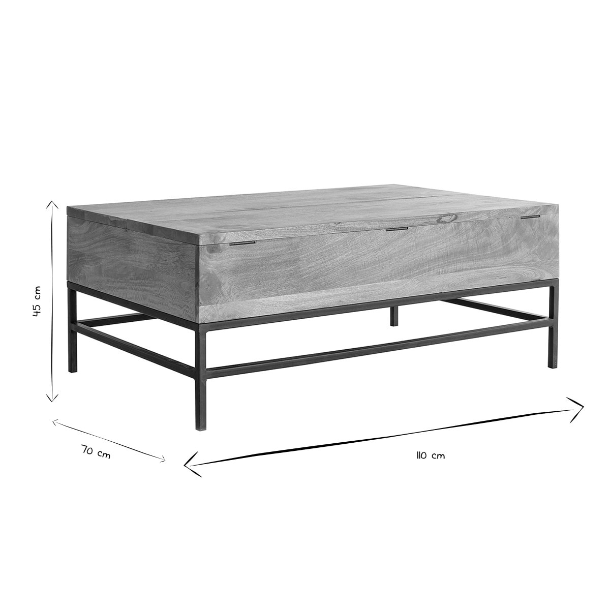 Table basse relevable industrielle bois manguier massif et métal noir L110 cm YPSTER