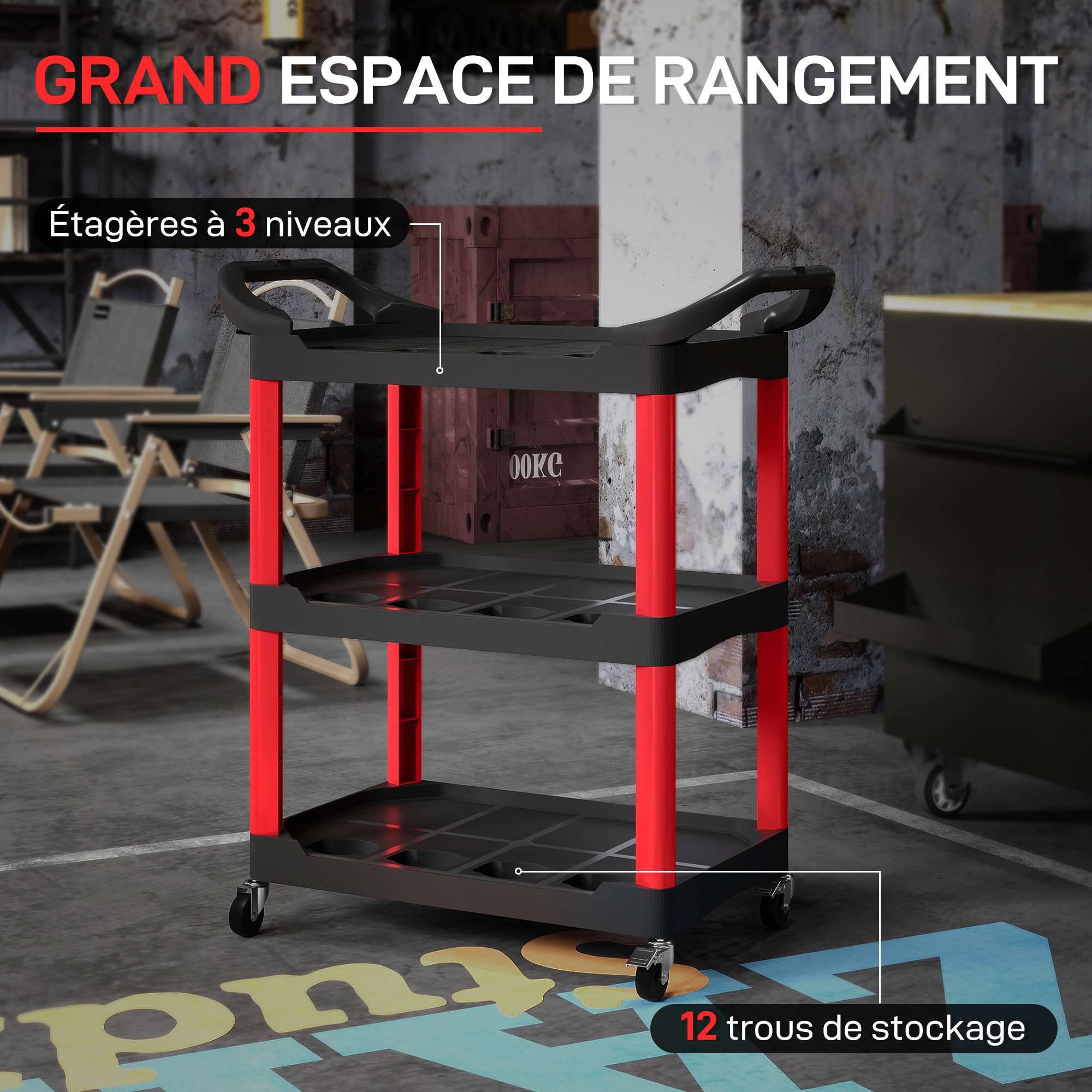 Servante chariot à outils 3 niveaux 12 espaces 2 poignées latérales max. 91 Kg plastique rouge noir