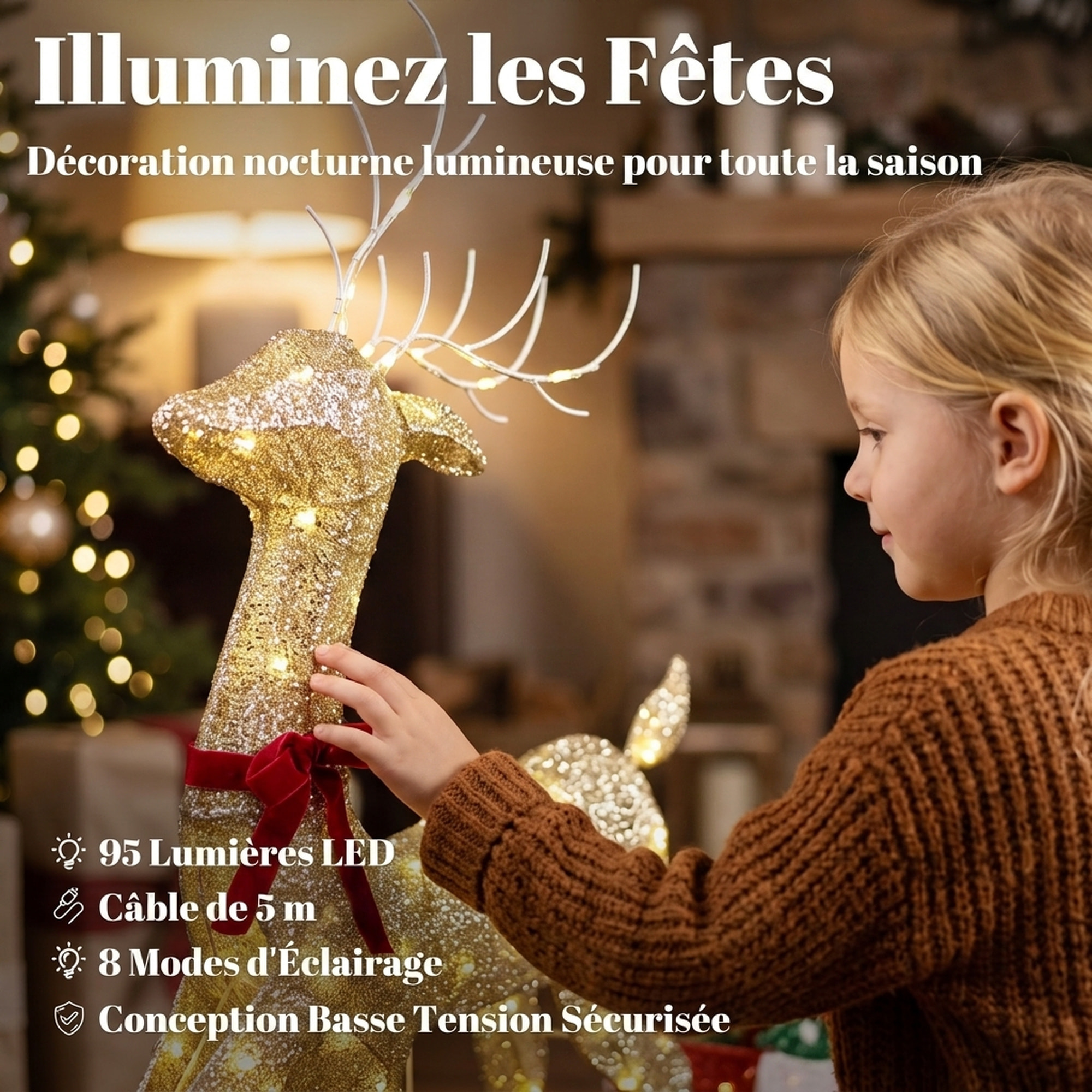 Renne et traîneau lumineux de Noël 95 LEDs blanc chaud 8 modes