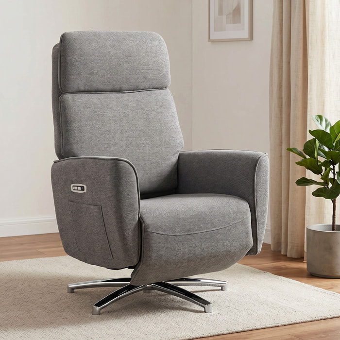 Fauteuil relax design électrique pivotant inclinable réglable acier chromé tissu gris