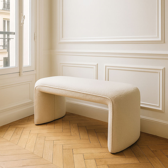 Banc en tissu bouclette beige et structure en bois MALO