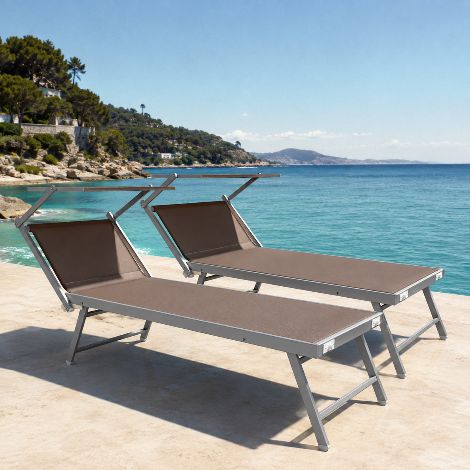 Coppia Di Lettini Prendisole Pieghevole Professionale in Alluminio e Tessuto Textilene Tettuccio Parasole Sdraio Mare Spiaggia 182x60x38 cm Tortora