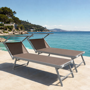 Coppia Di Lettini Prendisole Pieghevole Professionale in Alluminio e Tessuto Textilene Tettuccio Parasole Sdraio Mare Spiaggia 182x60x38 cm Tortora