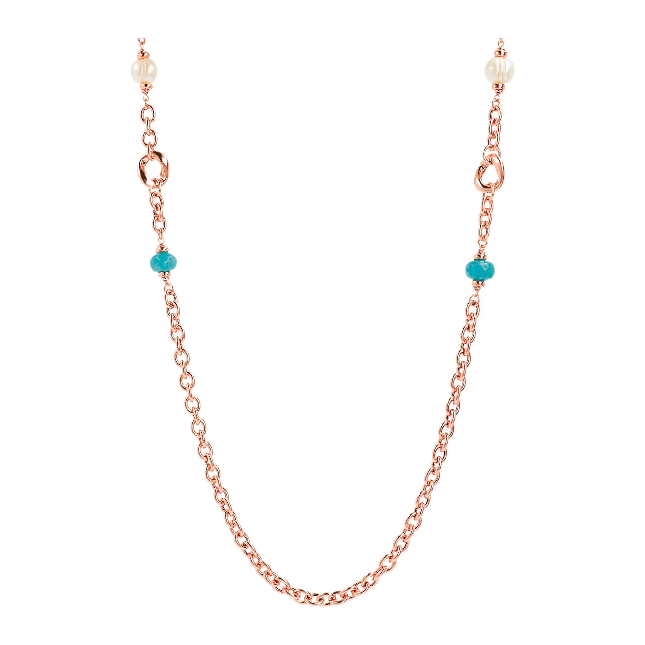 Collana Lunga Catena Rolo con Pietre Naturali Quarziti Rosse e Perle d'Acqua Dolce Bianche Ø 10/11 mm