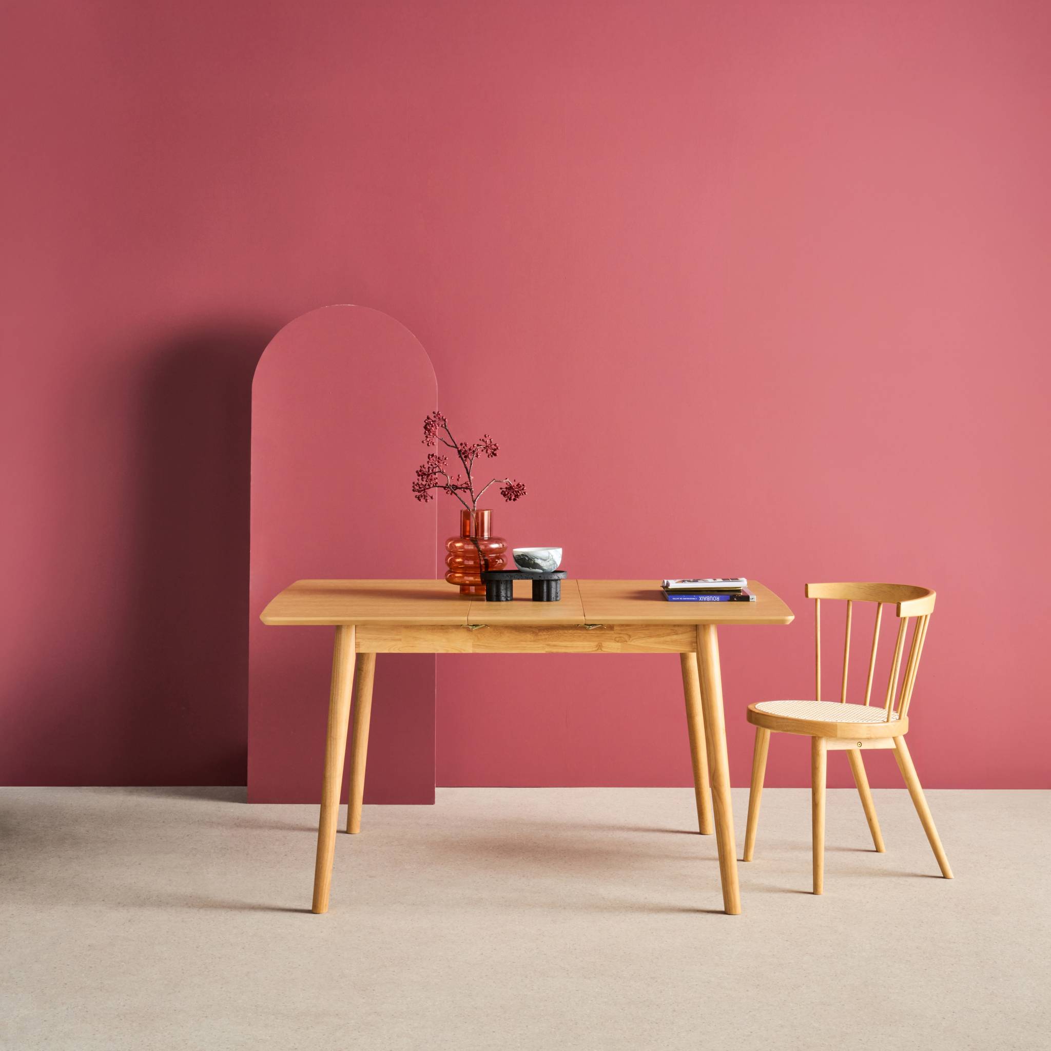 Table à manger rectangulaire extensible bois d'hévéa et placage chêne naturel 4-6 places - 110/140 x 100 x 75 cm - Lina