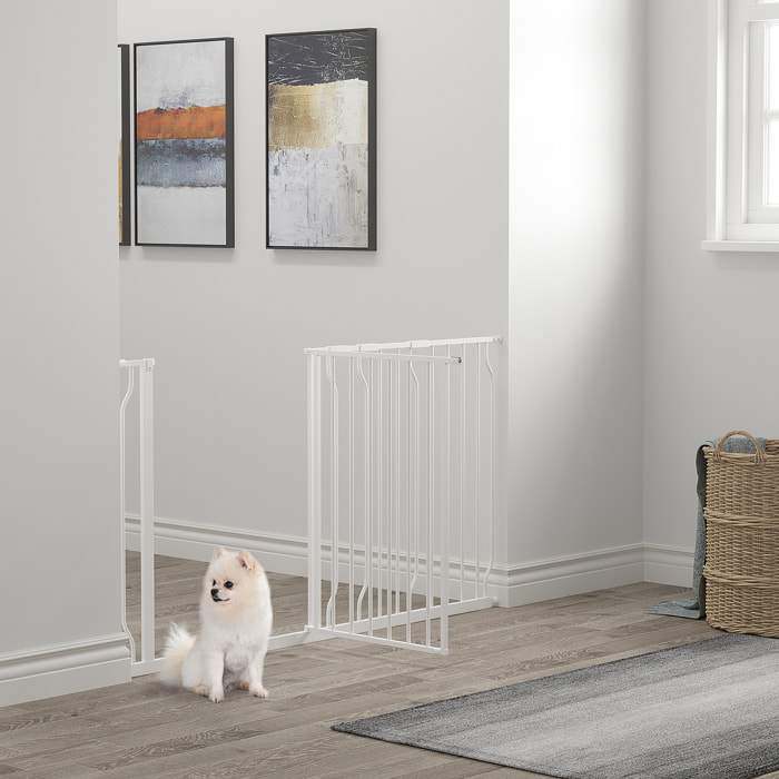 Barrera de Seguridad de Perros Extensible para Escaleras y Puertas 75-145 cm con 3 Extensiones de 10/20/30 cm Montaje a Presión Acero Altura 76 cm Blanco