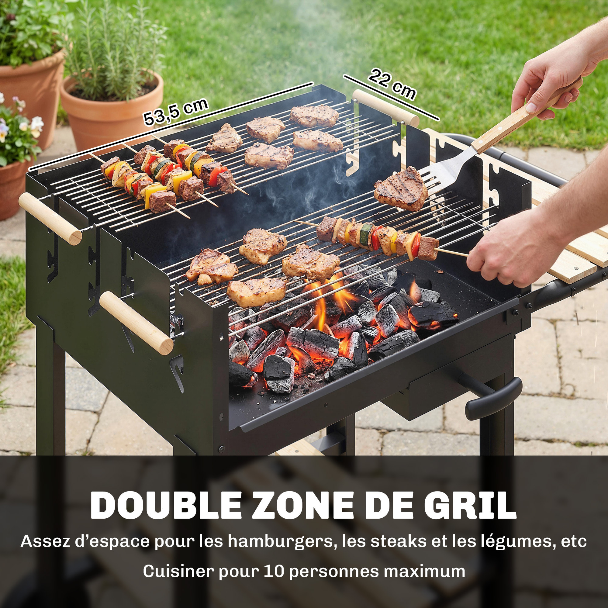 Barbecue charbon 2 grilles réglables 2 étagères roues