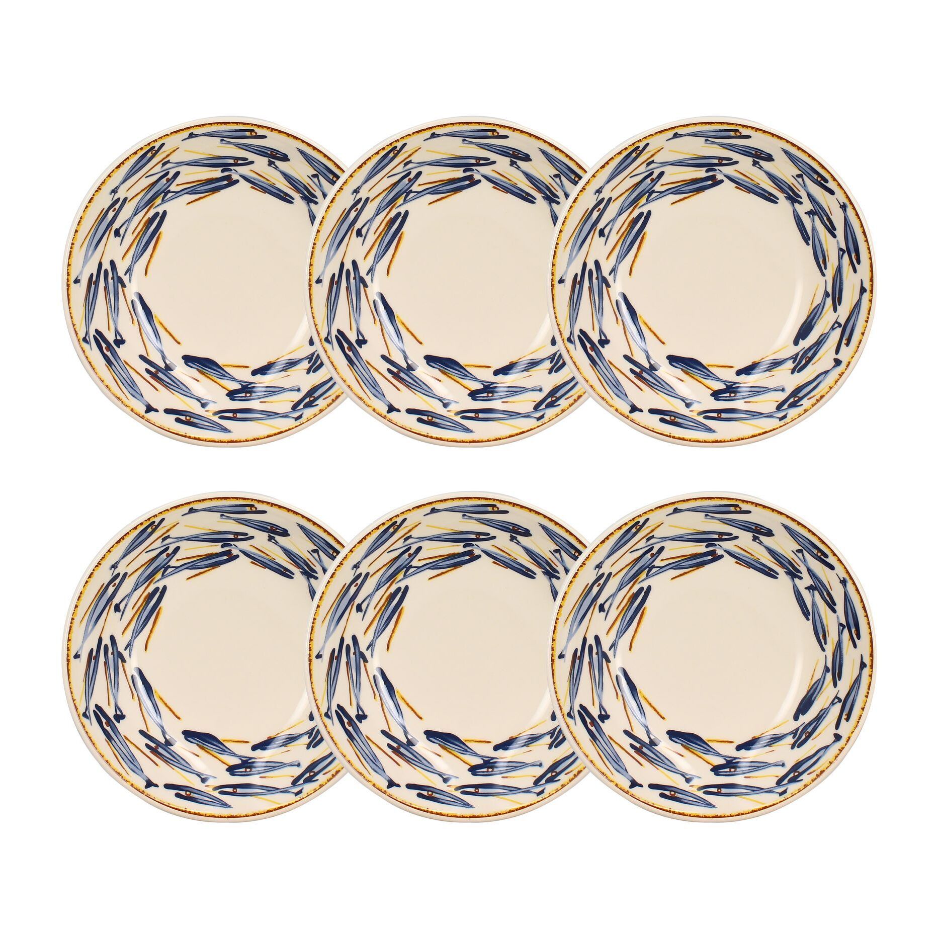 Lot de 6 assiettes creuses 20cm en porcelaine à imprimé poisson MARIUS
