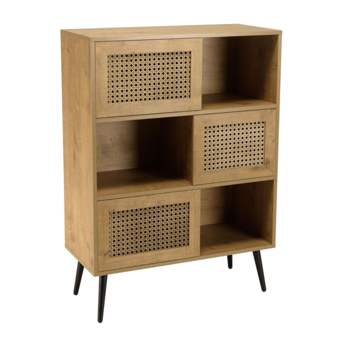 CHARLIE - Buffet marron 3 niches 3 portes effet cannage pieds métal