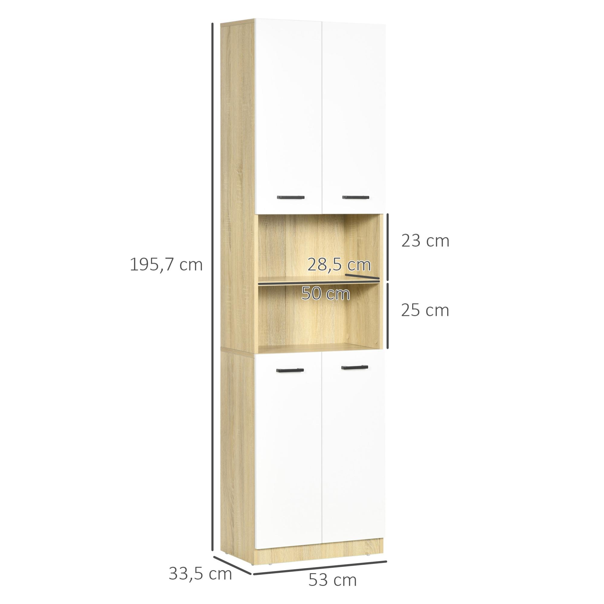 Columna Auxiliar de Baño Armario Alto de Baño con 4 Puertas 2 Estantes Abiertos y Estantes Ajustables Estilo Moderno para Salón 53x33,5x195,7 cm Blanco y Roble