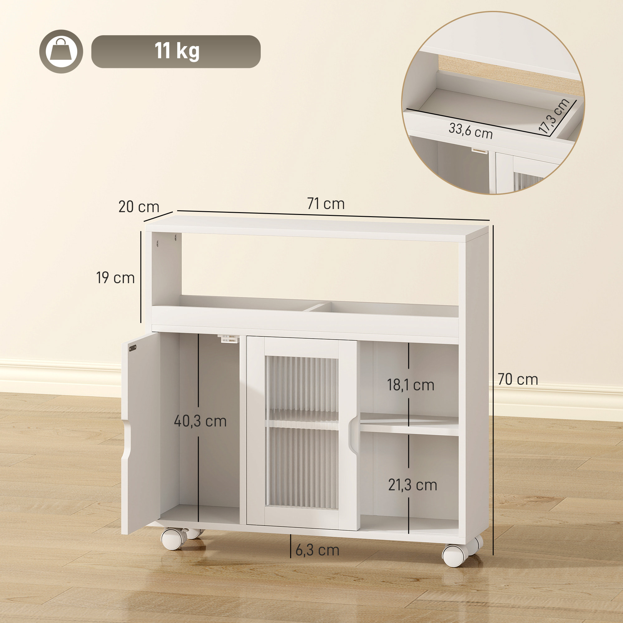 Desserte salle de bain 2 + 1 portes étagère niche 2 compartiments blanc