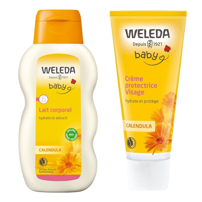 WELEDA - DUO Lait corps hydratant + Crème Hydratante Visage Calendula - Hydratation - pour Bébé - Certifié Natrue ** - Flacon 200ml et Tube 50ml