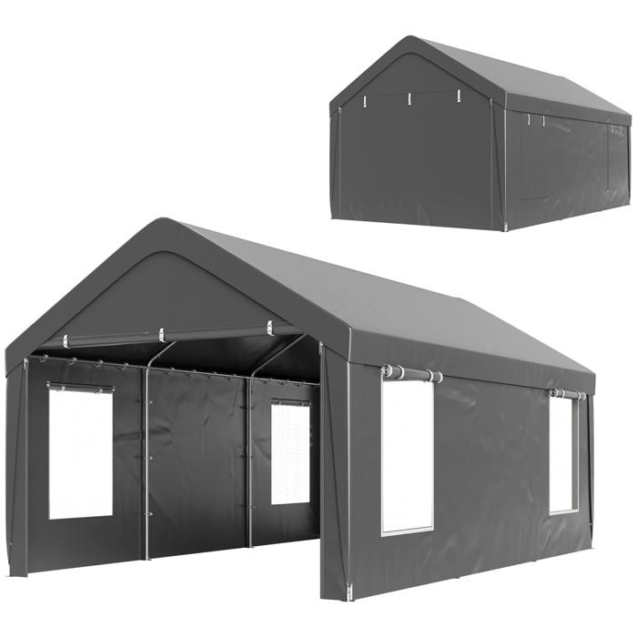 Tente garage carport grande taille 2 portes 4 fenêtres acier galvanisé robuste PE haute densité gris