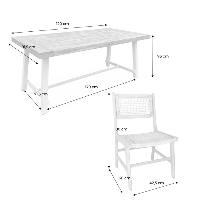 Table intérieur/extérieur bois d'acacia et métal + 6 assises en résine tressée