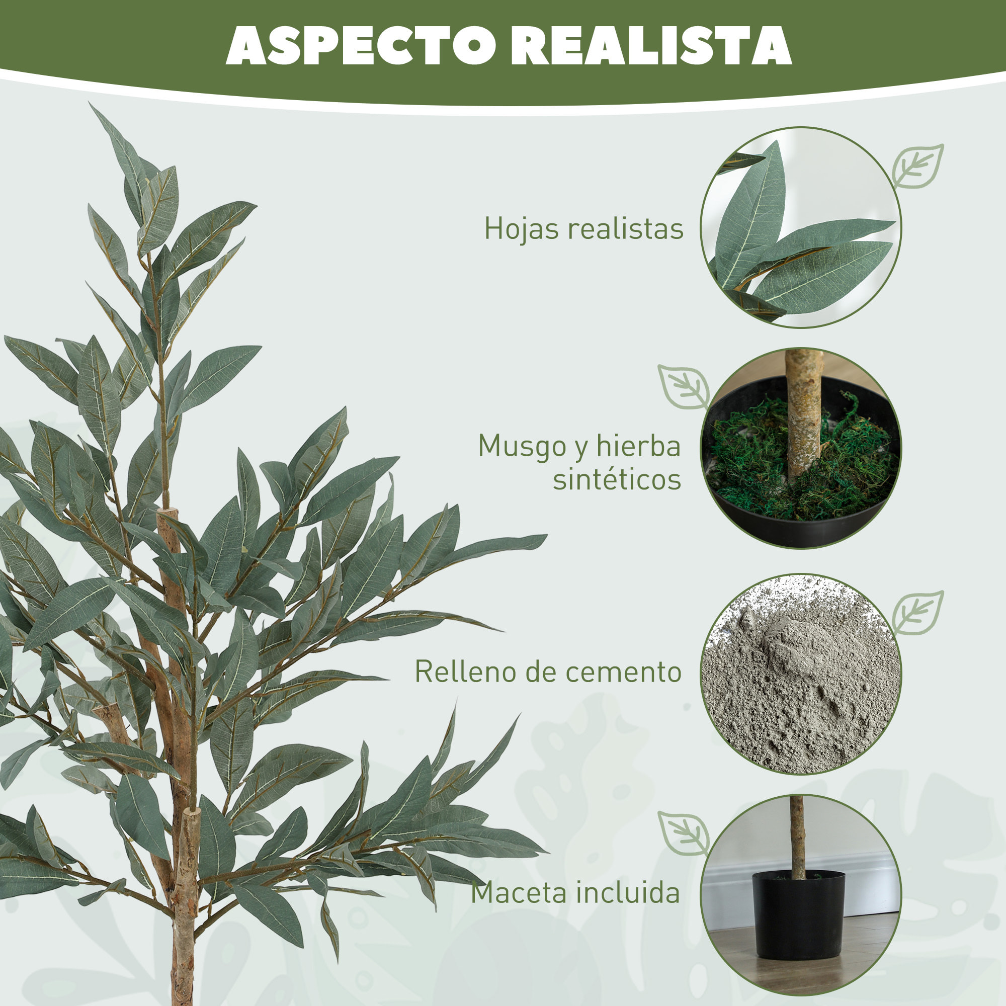 Árbol Artificial de Laurel 120 cm Planta Artificial Decorativa Grande Decoración para Hogar Oficina Balcón Dormitorio Verde