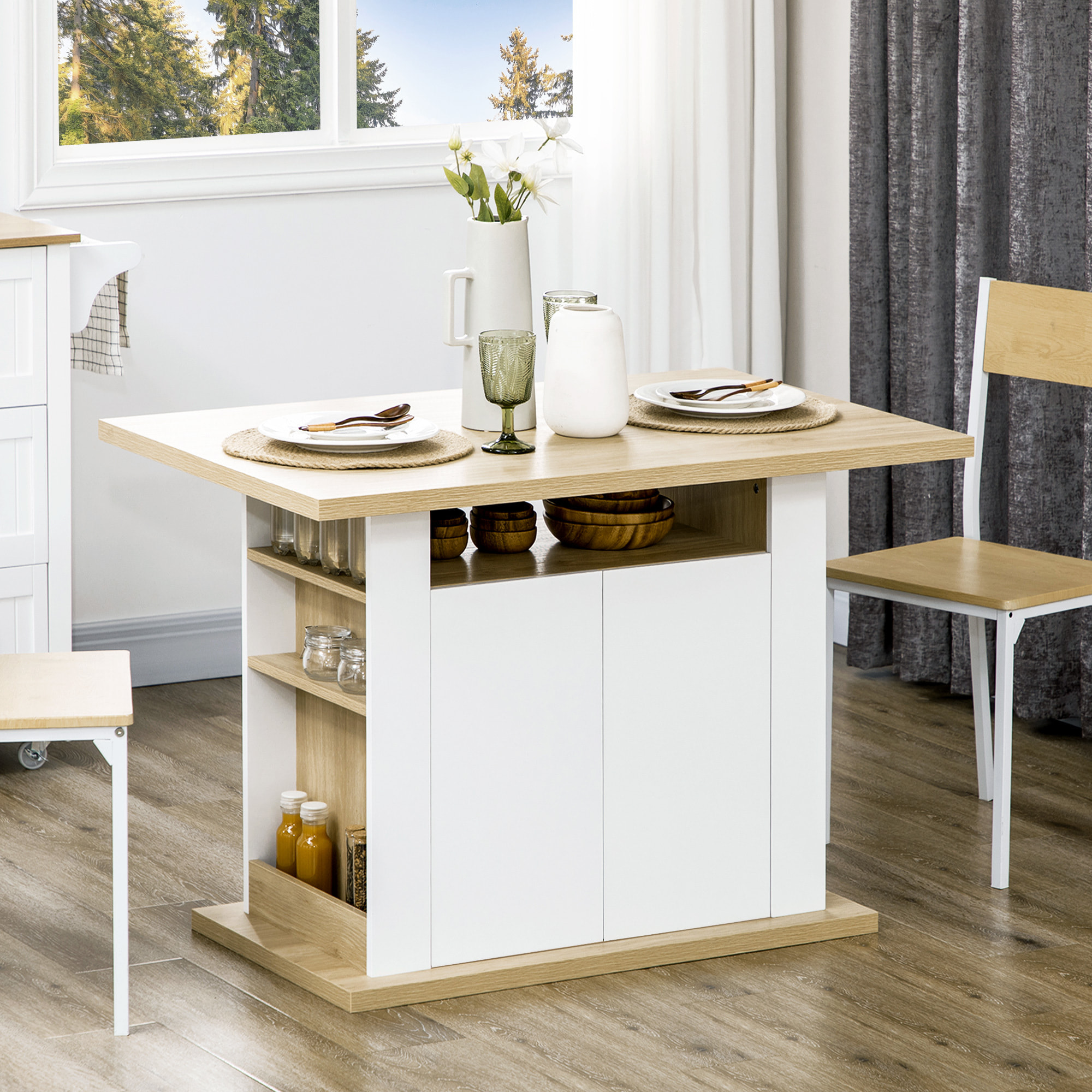 Isla de Cocina, para 4-6 Personas, Mueble de Cocina con 4 Puertas, Compartimentos Abiertos, Estante Ajustable, 110x70x75,5 cm, Roble y Blanco