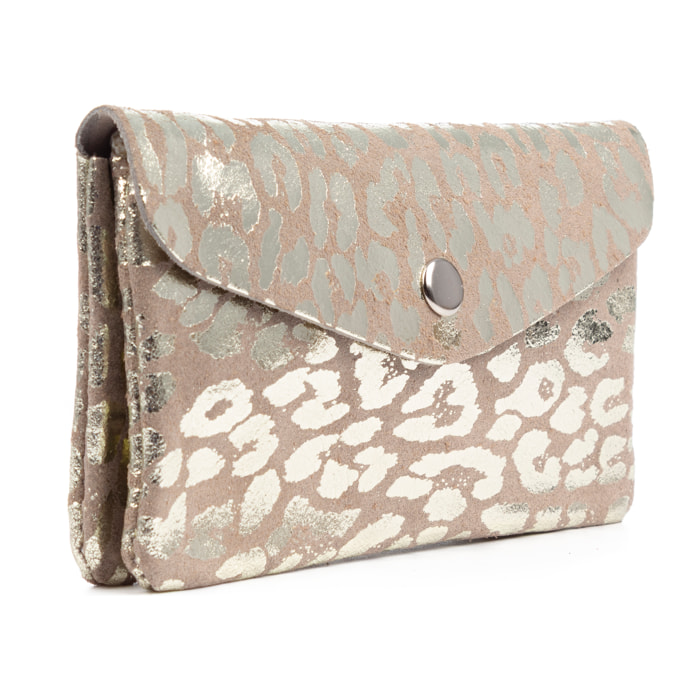 Alseno monedero alargado mujer. Piel auténtica Gamuza, diseño animal print leopardo, lacada brillante.