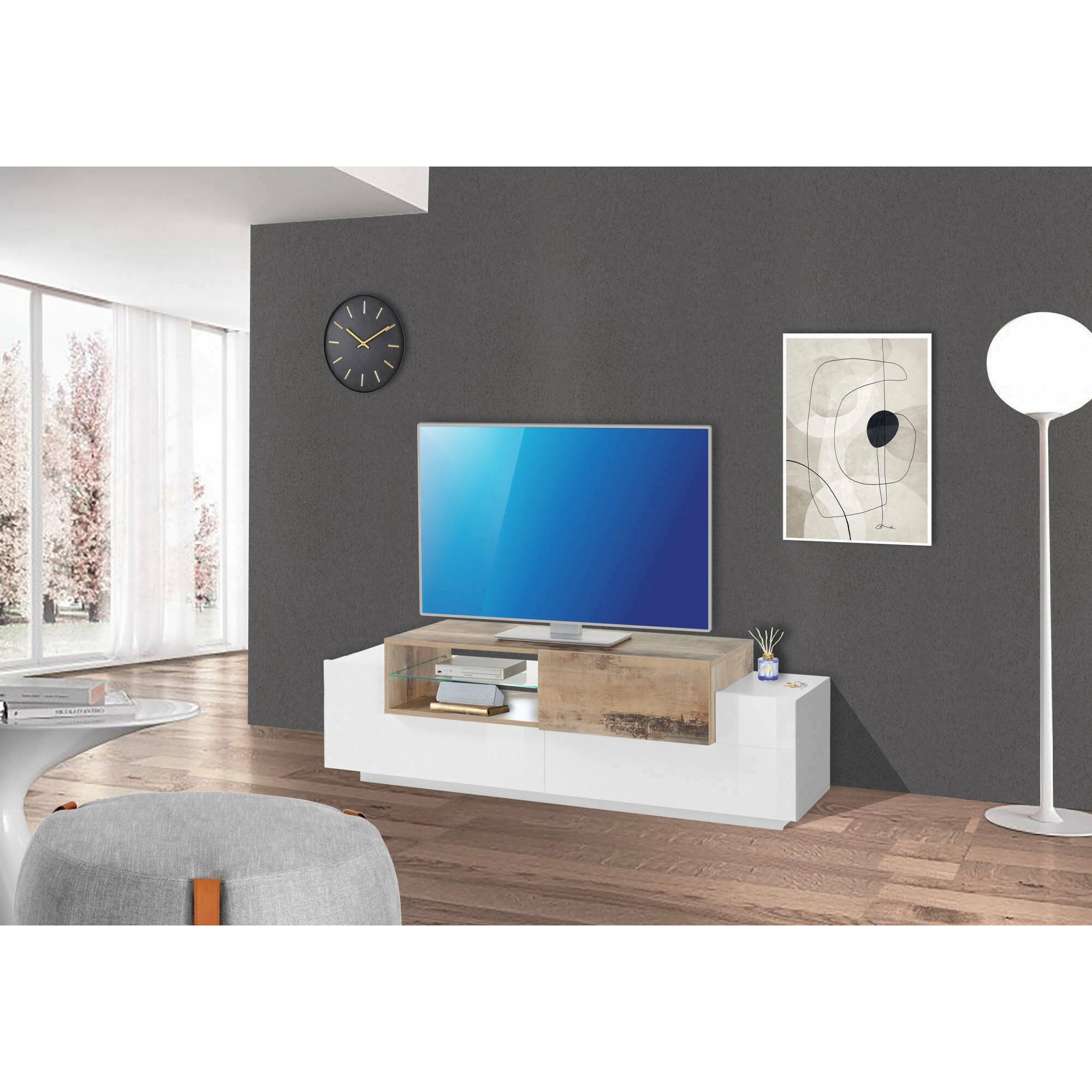 Mobile da soggiorno Porta TV, Made in Italy, Supporto per TV da salotto a 3 ante, cm 160x45h51, colore Bianco lucido e Acero