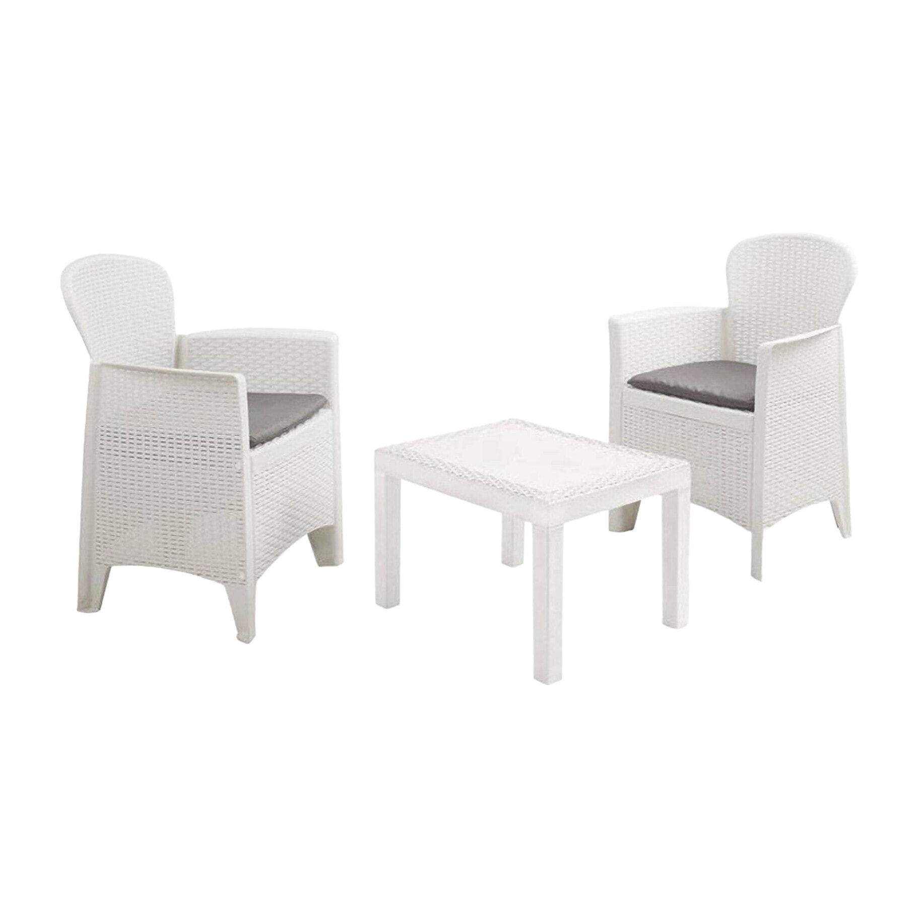 Set salotto da esterno Foggia, Set da giardino con 2 poltrone ed 1 tavolino, Salottino effetto rattan con cuscini, 100% Made in Italy, Bianco