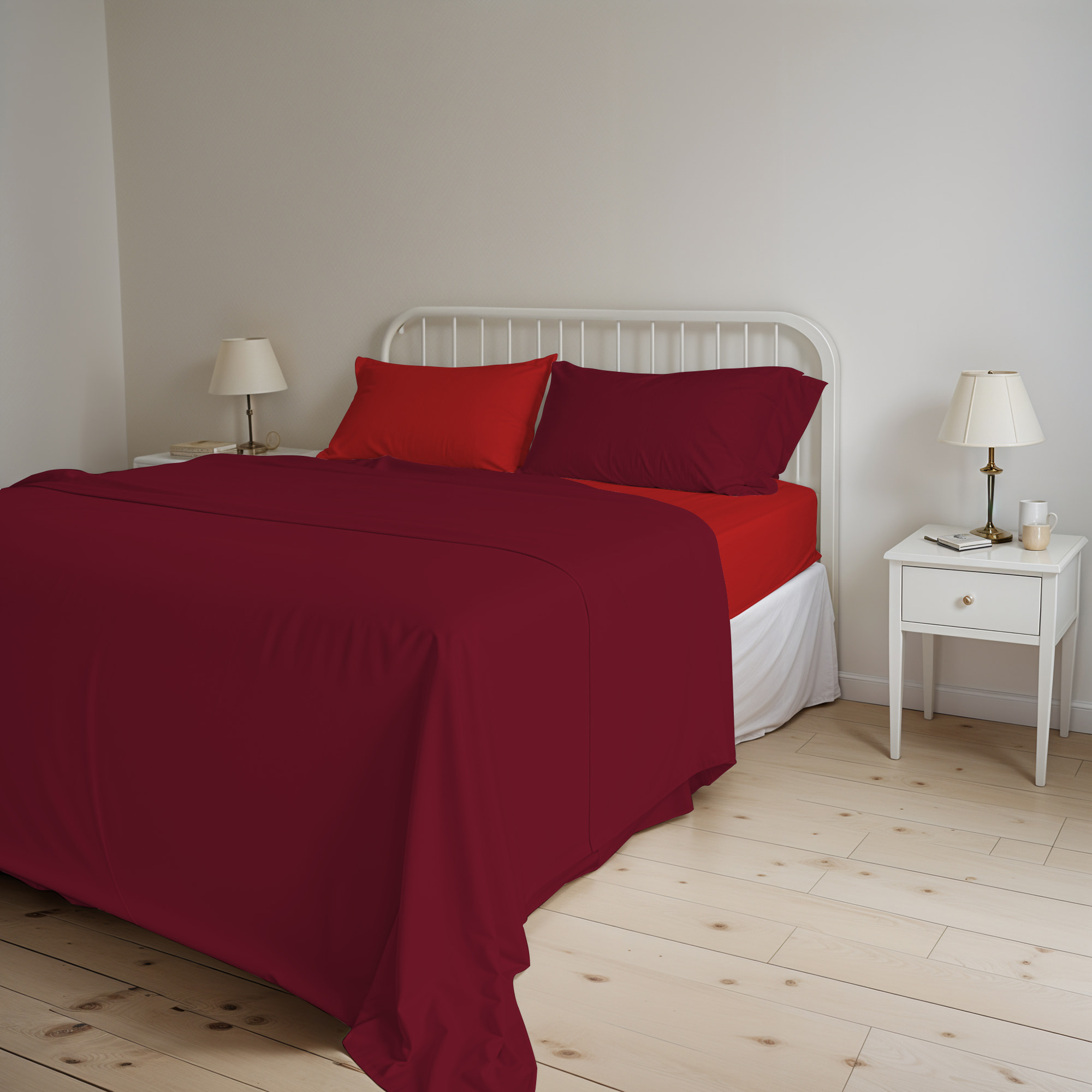 COMPLETO LETTO NATURAL COLOUR MADE IN ITALY COTONE-ROSSO/BORDEAUX MATRIMONIALE