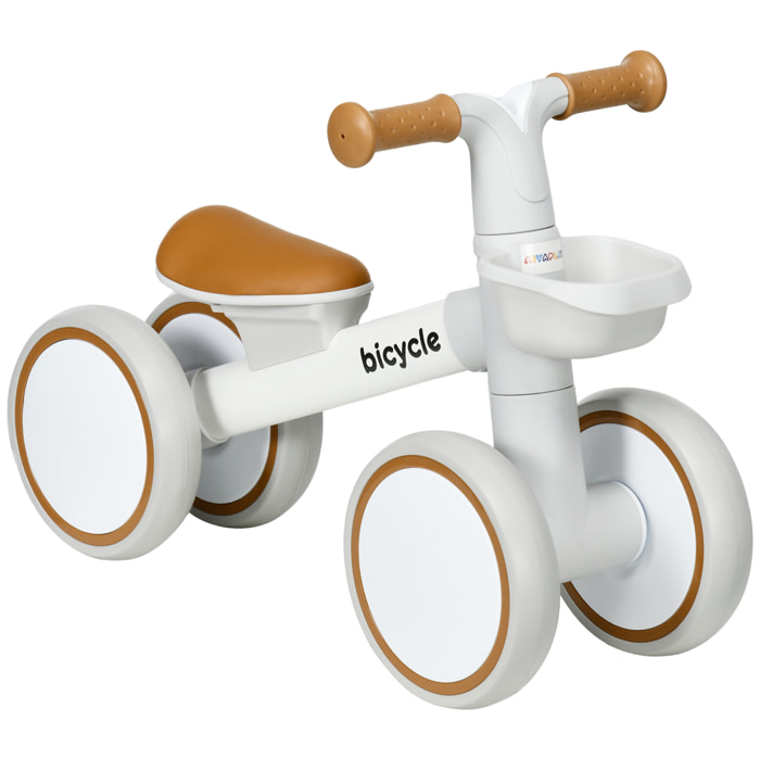 Bicicleta sin Pedales para Niños de 12-36 Meses Bicicleta de Equilibrio con Asiento Ajustable Cesta y 4 Ruedas Silenciosas Carga 20 kg 56x27x39 cm Blanco y Marrón