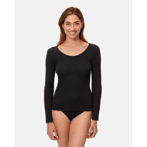 Camiseta manga larga de patrón básico con escote redondo ligeramente escotado