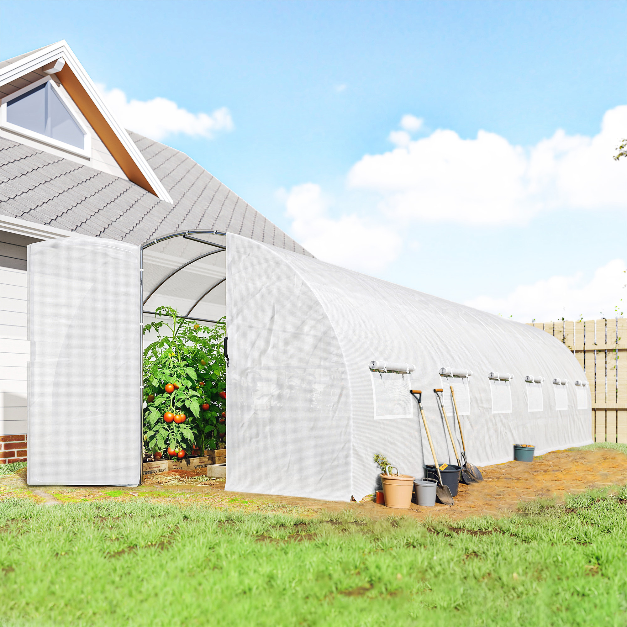 Serre tunnel de jardin 24 m² porte 12 fenêtres acier PE blanc