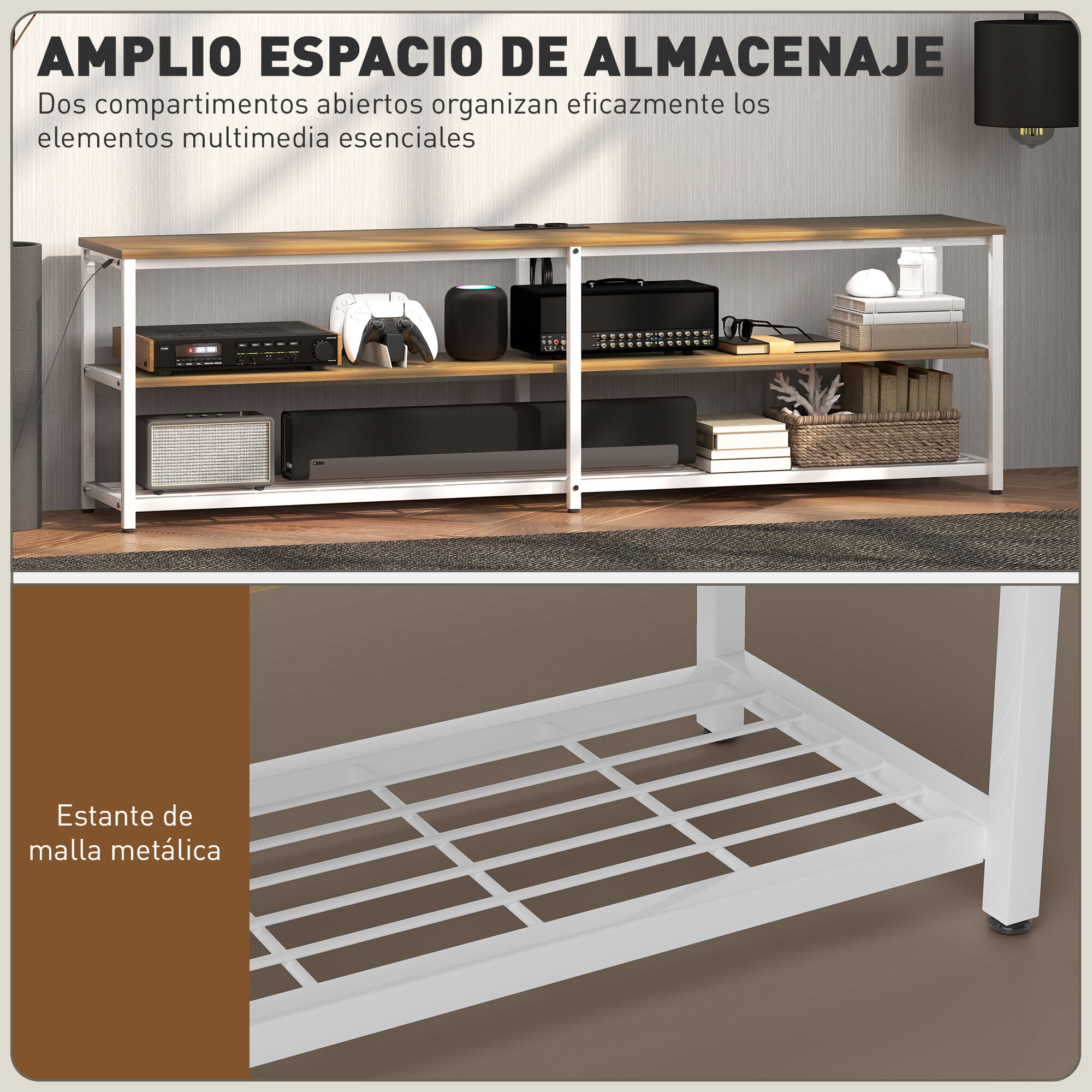 Mueble de TV Industrial Mueble de TV para Salón con Luces LED Control Remoto Extensión para Cargar y 2 Compartimentos Abiertos Mueble para Televisión de 65 Pulgadas 159x29x46,5 cm Natural
