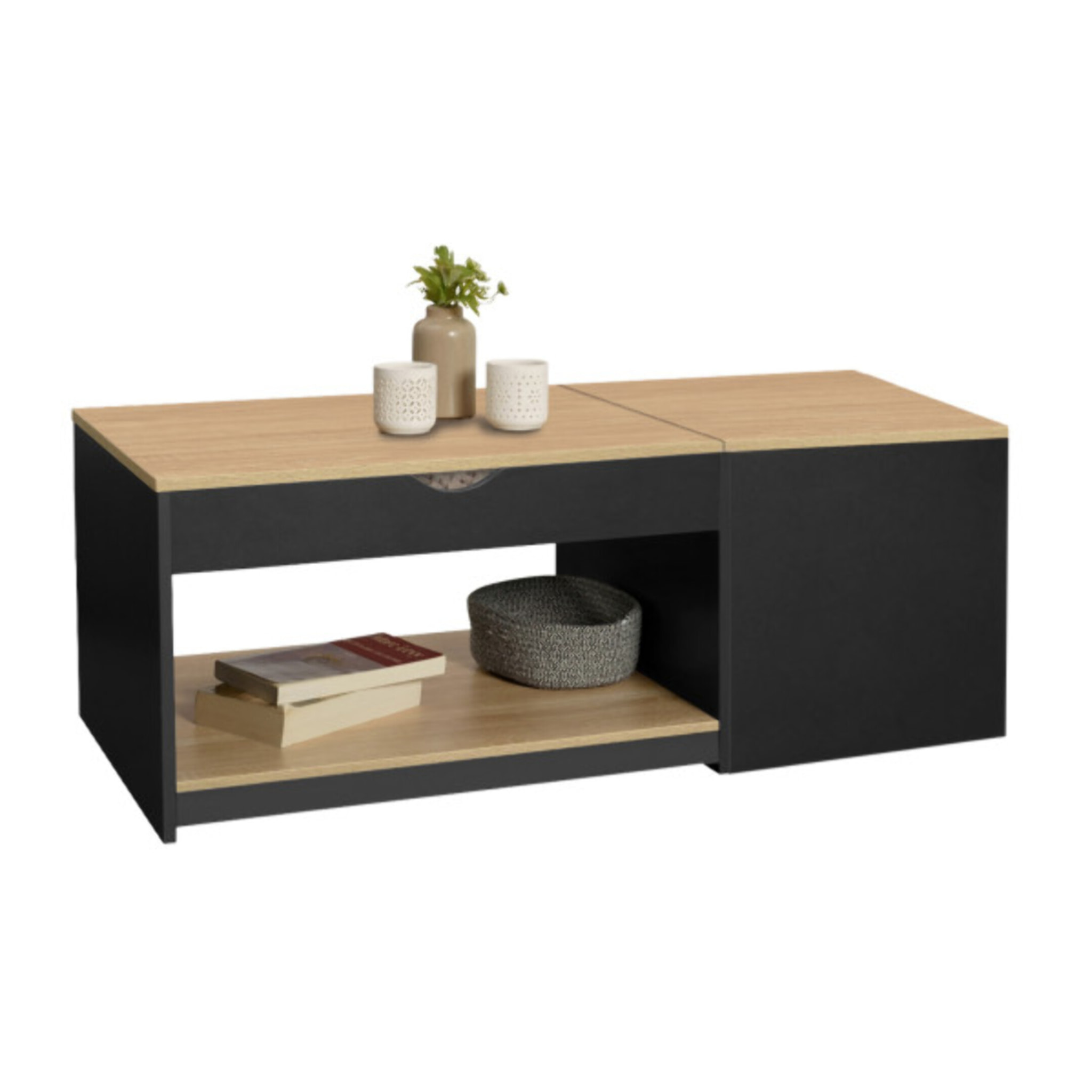 Table basse relevable + coffre Elina - 2 plateaux relevables