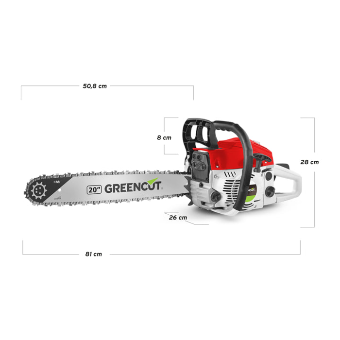 Motosierra de gasolina - motor de gasolina de 2 Tiempos de 61,2cc - 3,6CV espada de 20” - Greencut GS610X