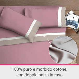 Completo letto doppia balza RASO IPERSAN Puro Cotone Panna/Bianco fondo Malva