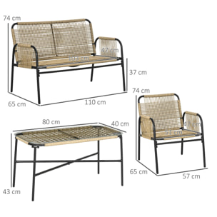 Conjunto de Jardín de Ratán Sintético Juego de 4 Piezas Muebles de Jardín con 2 Sillones 1 Sofá Doble 1 Mesa de Centro con Tablero de Vidrio y Cojines Natural y Negro