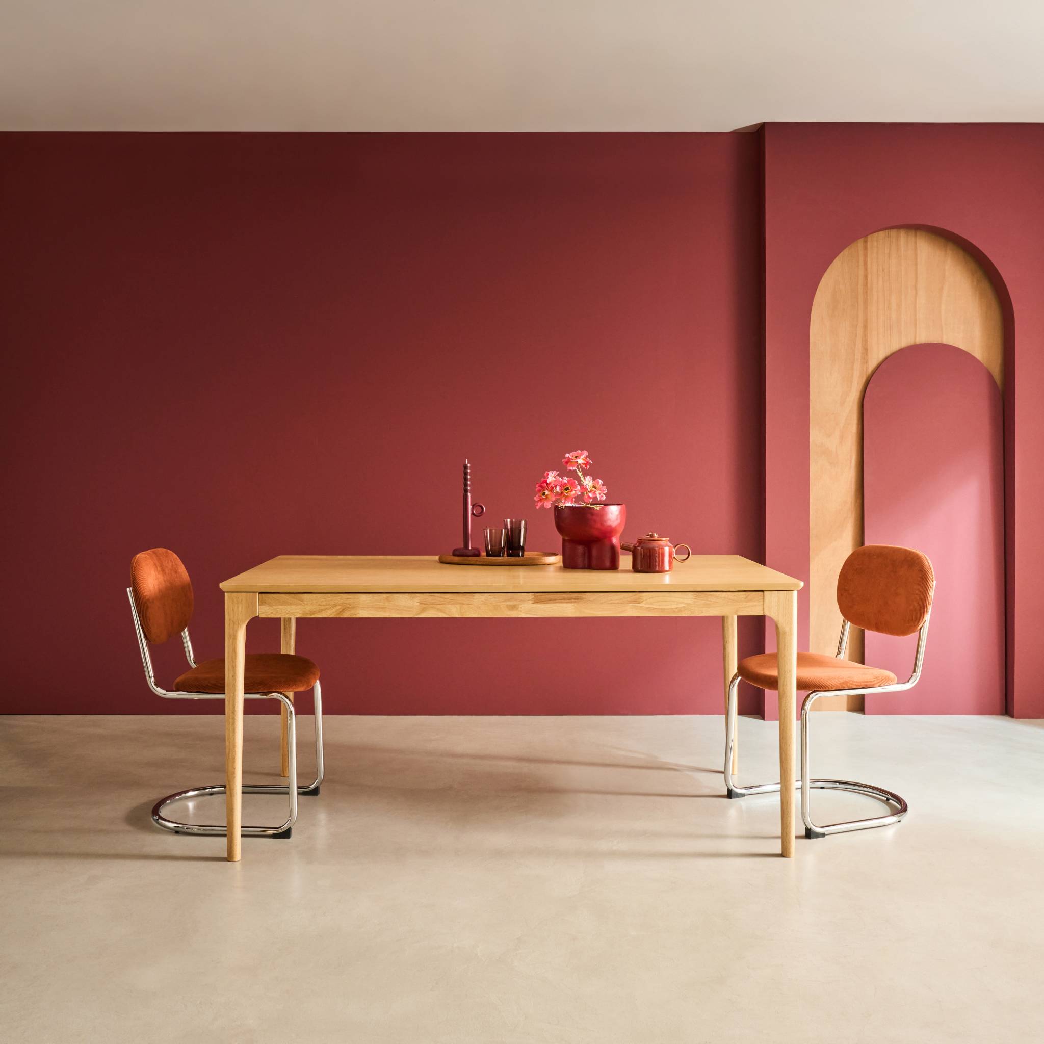 Table à manger rectangulaire extensible bois d'hévéa et placage frêne 6-8 places ELENA
